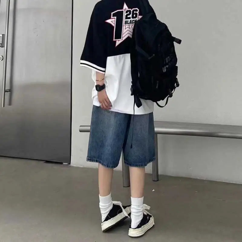 กางเกงยีนส์ขาสั้นสีฟ้ารetro สตรีทแฟชั่น เสื้อผ้าผู้หญิง Y2K โอเวอร์ไซส์