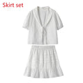 ชุดเซ็ตเสื้อคอแต่งระบายผูกเชือกกับกระโปรงสั้นพองแขน กระโปรงจีบสั้น