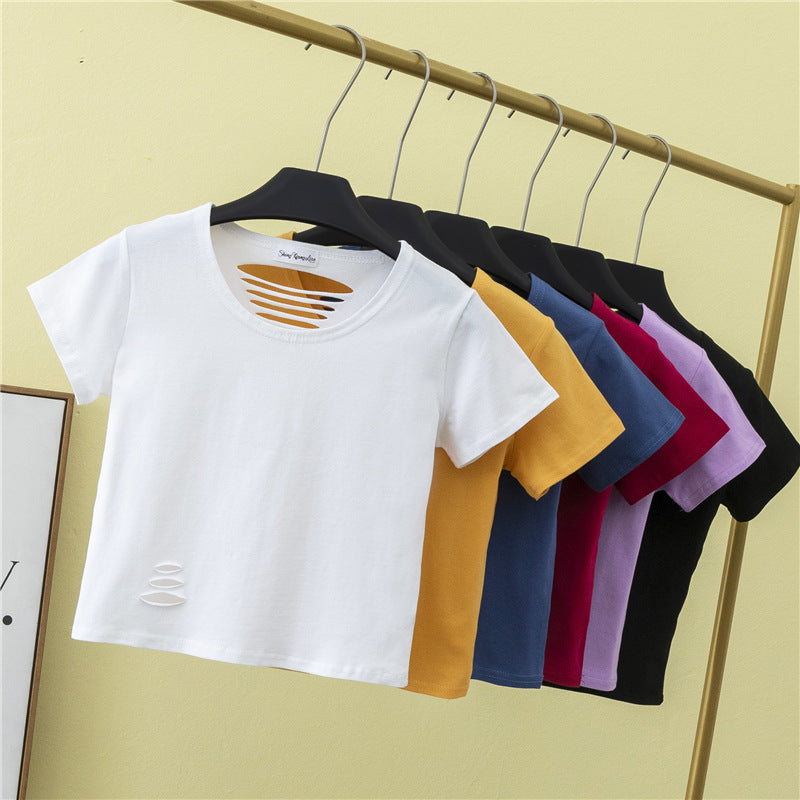 เสื้อยืดเอวสูงแขนสั้นขาดดีไซน์โชว์หลังเข้ารูปสำหรับฤดูร้อน