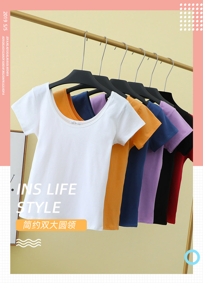 เสื้อยืดคอกว้างแขนสั้นทรงสลิมฟิตสำหรับฤดูร้อน ไซส์ใหญ่
