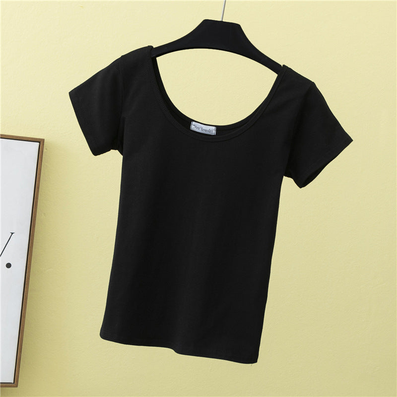 เสื้อยืดคอกว้างแขนสั้นทรงสลิมฟิตสำหรับฤดูร้อน ไซส์ใหญ่