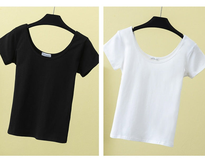 เสื้อยืดคอกว้างแขนสั้นทรงสลิมฟิตสำหรับฤดูร้อน ไซส์ใหญ่