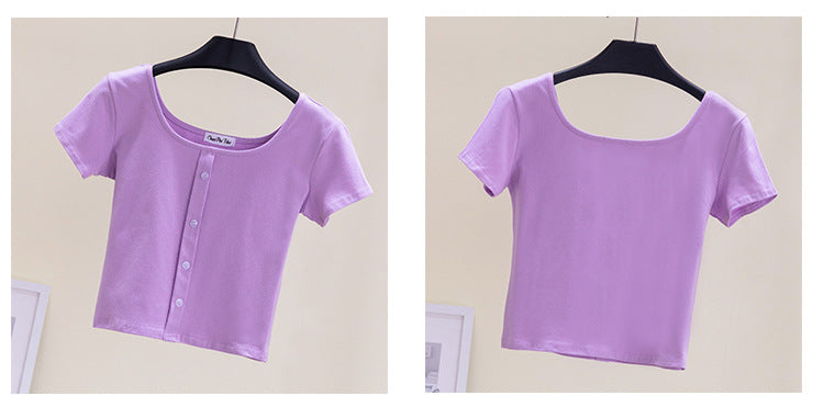 เสื้อยืดคอเหลี่ยมโชว์กระดูกไหปลาร้าเอวสูงโชว์สะดือ