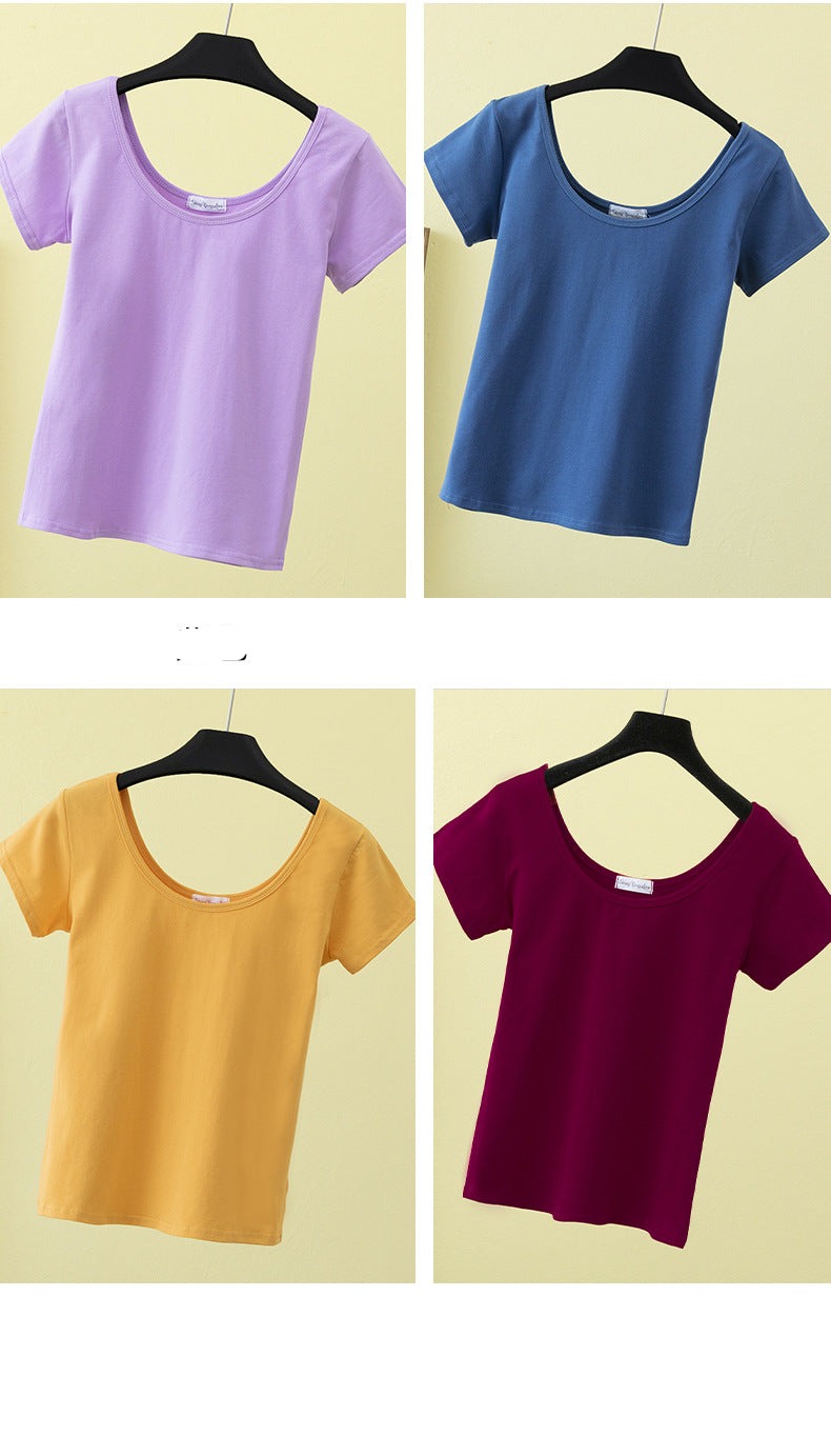 เสื้อยืดคอกว้างแขนสั้นทรงสลิมฟิตสำหรับฤดูร้อน ไซส์ใหญ่