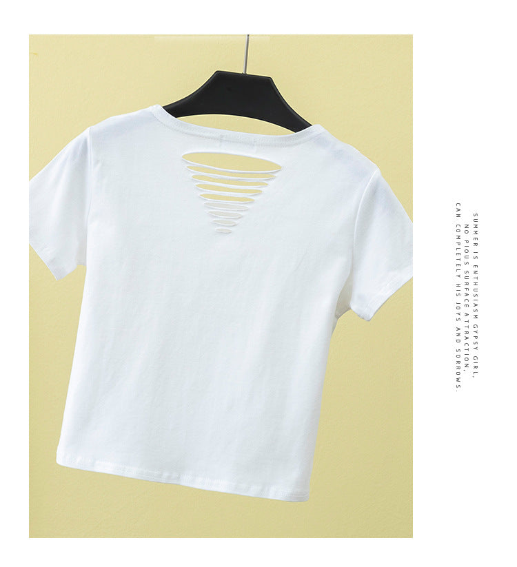เสื้อยืดเอวสูงแขนสั้นขาดดีไซน์โชว์หลังเข้ารูปสำหรับฤดูร้อน