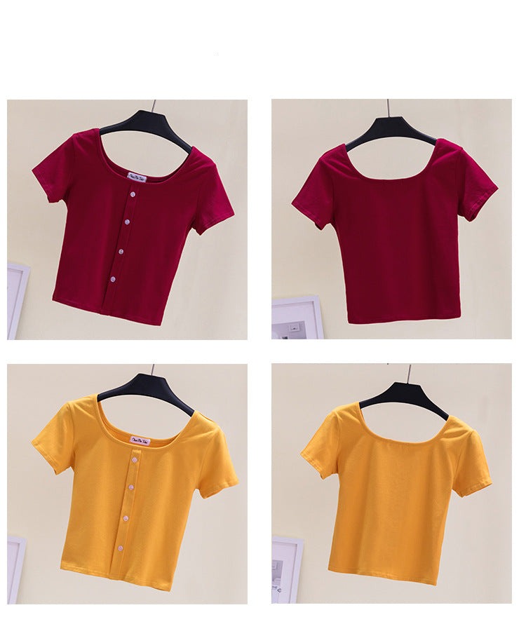 เสื้อยืดคอเหลี่ยมโชว์กระดูกไหปลาร้าเอวสูงโชว์สะดือ