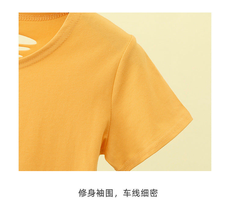 เสื้อยืดเอวสูงแขนสั้นขาดดีไซน์โชว์หลังเข้ารูปสำหรับฤดูร้อน