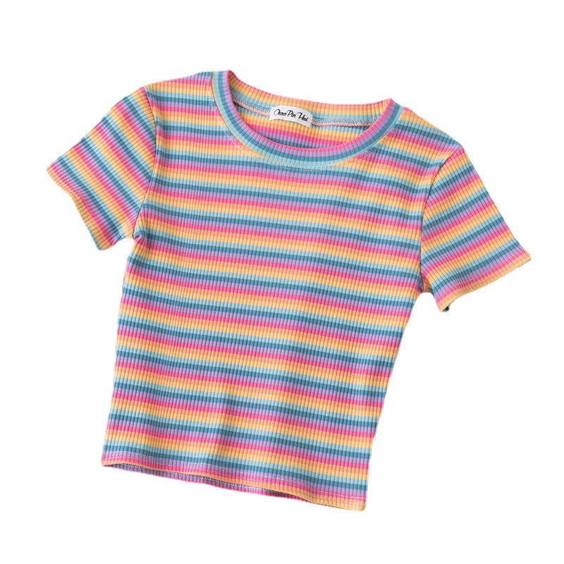 เสื้อยืดรัดรูปแขนสั้นลายทางสีรุ้งโชว์สะดือสำหรับผู้หญิง