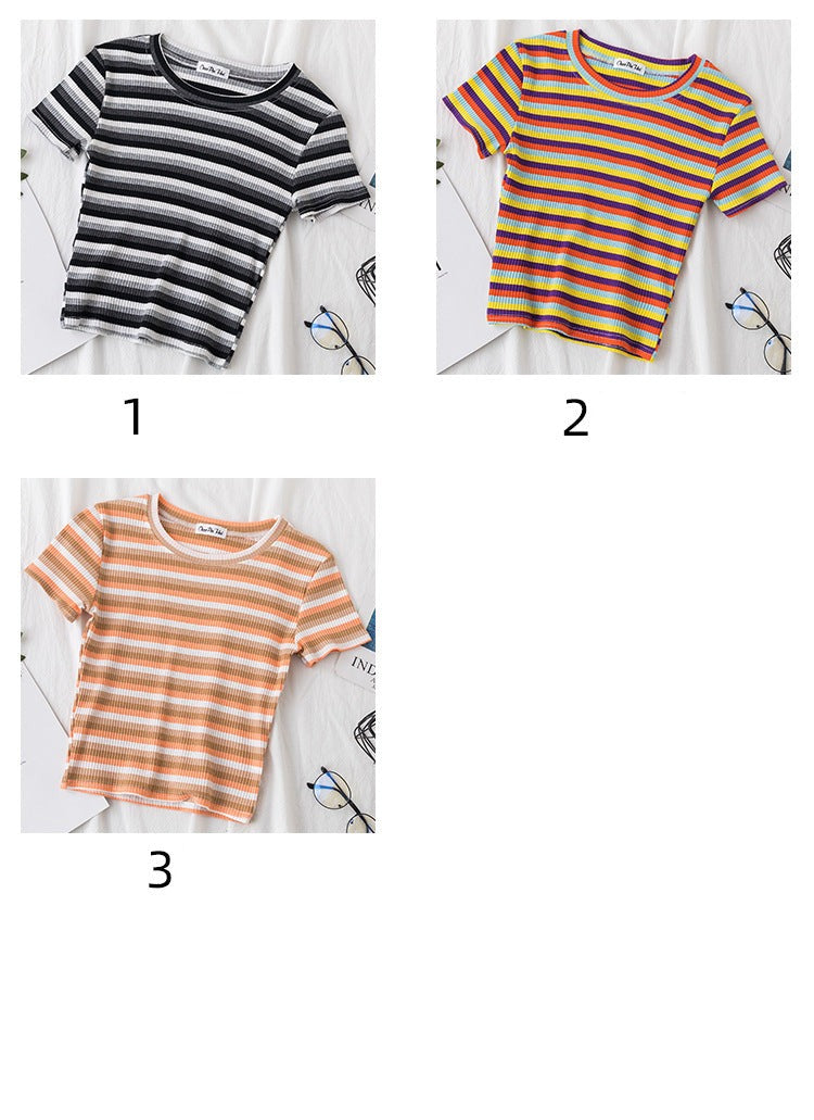 เสื้อยืดรัดรูปแขนสั้นลายทางสีรุ้งโชว์สะดือสำหรับผู้หญิง