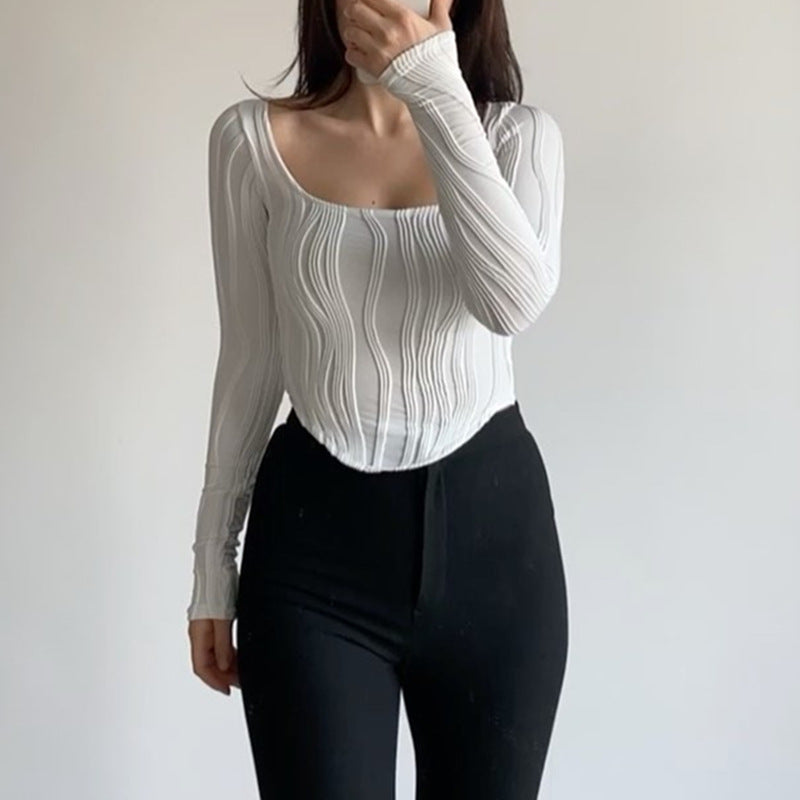 เสื้อยืดคอกลมแขนยาวเข้ารูปลายคลื่นน้ำสำหรับฤดูใบไม้ร่วงและฤดูหนาว