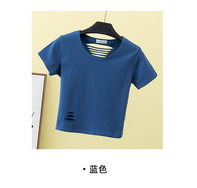 เสื้อยืดเอวสูงแขนสั้นขาดดีไซน์โชว์หลังเข้ารูปสำหรับฤดูร้อน
