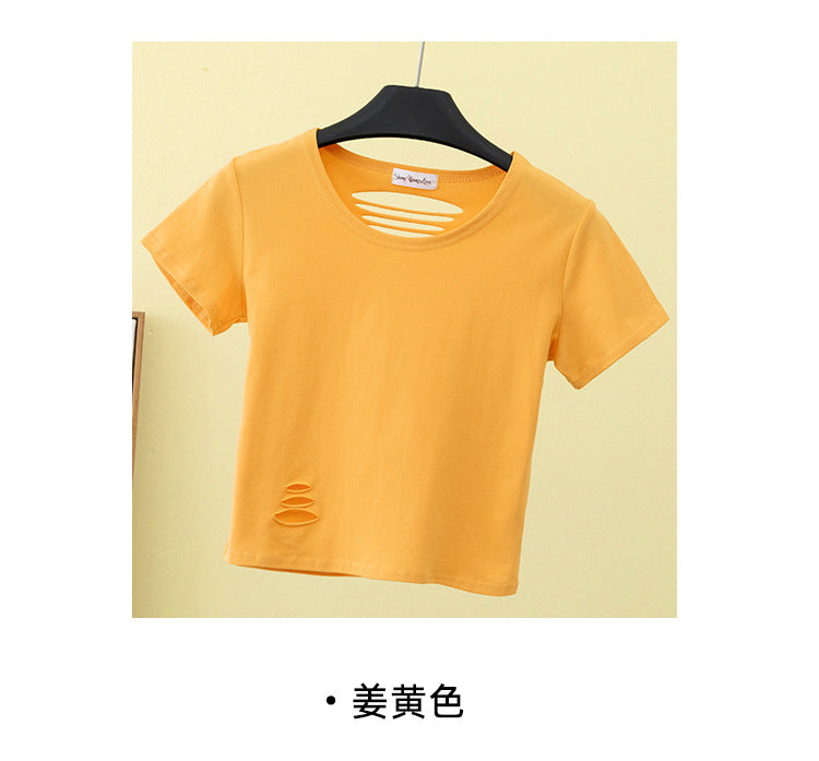 เสื้อยืดเอวสูงแขนสั้นขาดดีไซน์โชว์หลังเข้ารูปสำหรับฤดูร้อน