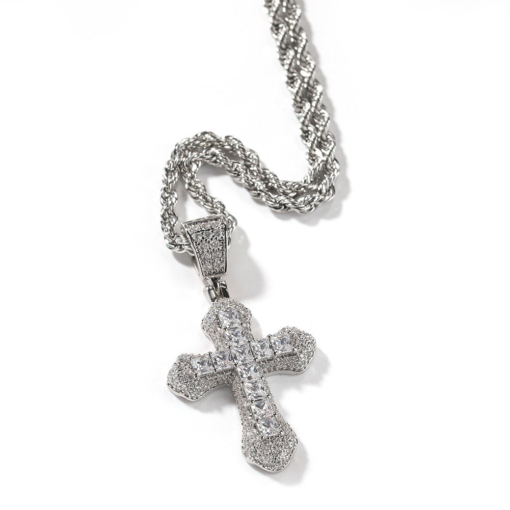 Blue Zircon Cross Hip-hop Necklace