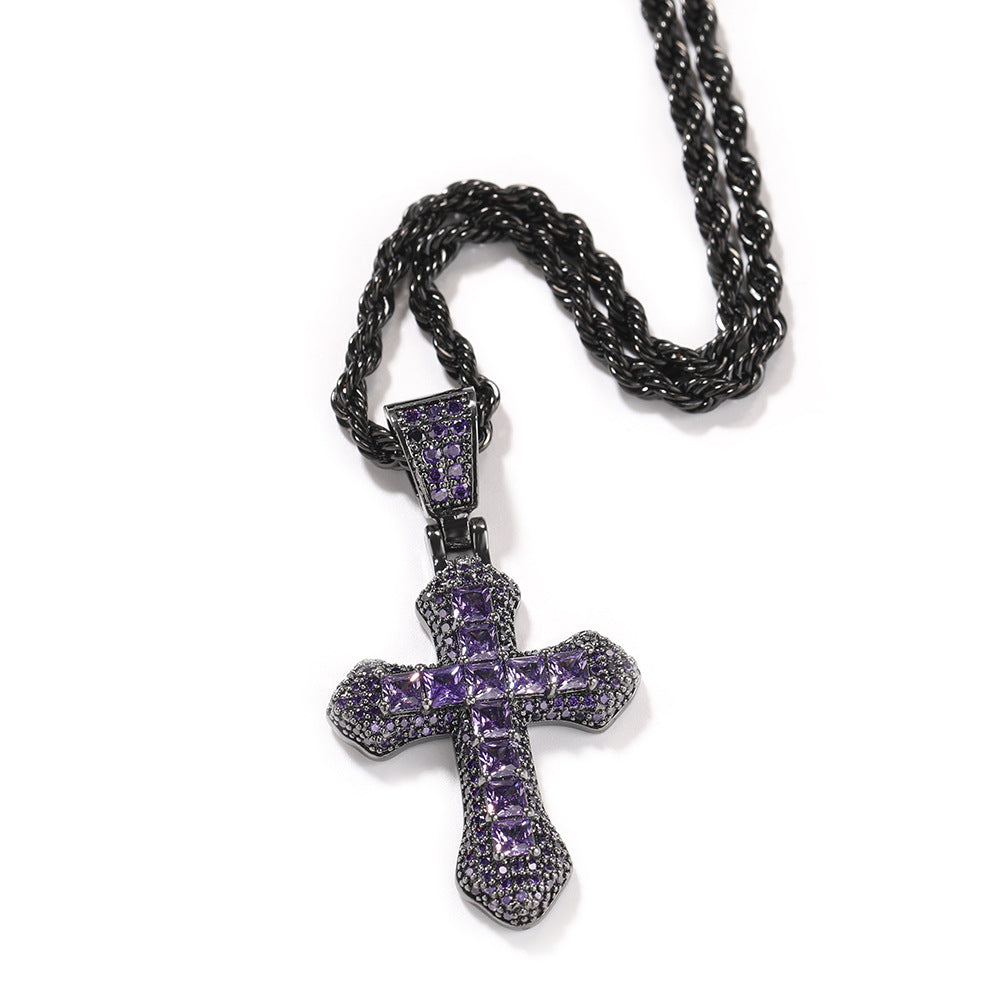 Blue Zircon Cross Hip-hop Necklace