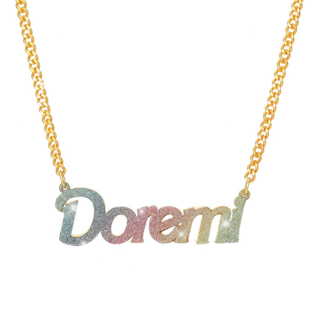 สร้อยคอชื่อหลากสี DIY สเตนเลสไทเทเนียม จี้กลิตเตอร์สีชมพู