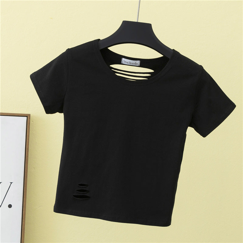 เสื้อยืดเอวสูงแขนสั้นขาดดีไซน์โชว์หลังเข้ารูปสำหรับฤดูร้อน