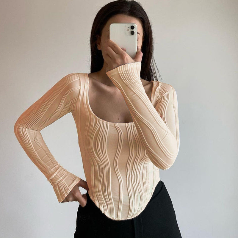 เสื้อยืดคอกลมแขนยาวเข้ารูปลายคลื่นน้ำสำหรับฤดูใบไม้ร่วงและฤดูหนาว