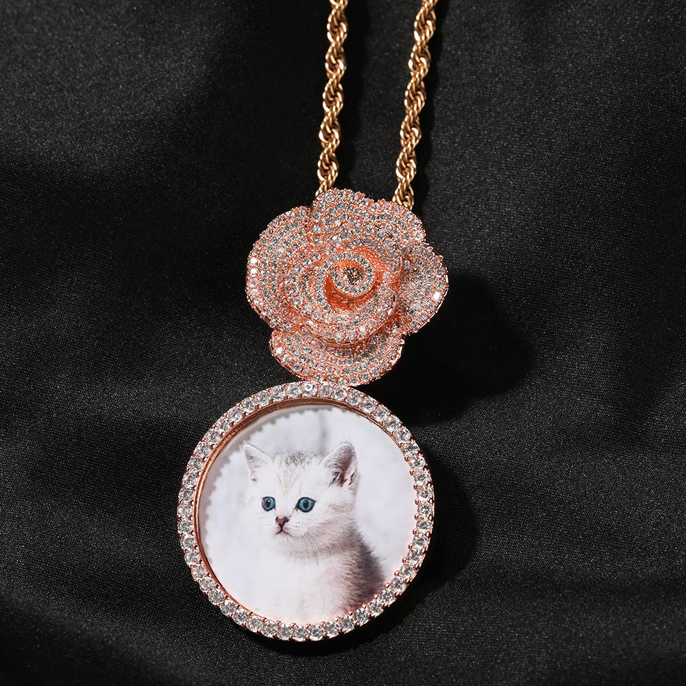 สร้อยคอทองแดงประดับเพชรเซอร์คอนทรงกลม จี้รูปถ่าย DIY กระดุมกุหลาบ