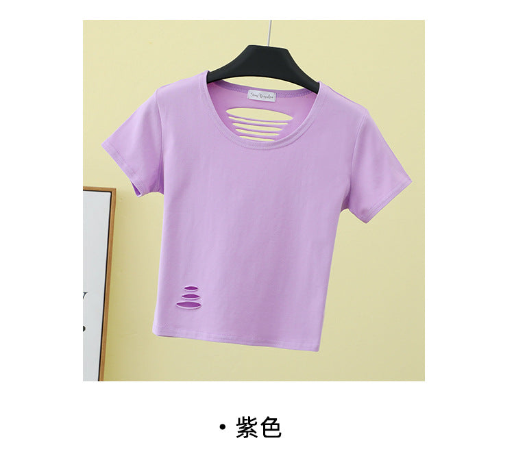 เสื้อยืดเอวสูงแขนสั้นขาดดีไซน์โชว์หลังเข้ารูปสำหรับฤดูร้อน