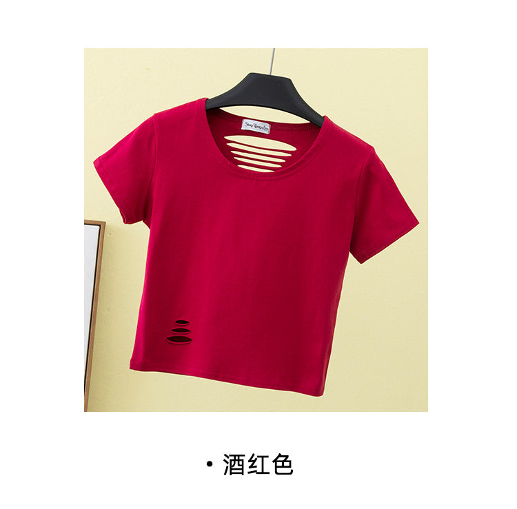 เสื้อยืดเอวสูงแขนสั้นขาดดีไซน์โชว์หลังเข้ารูปสำหรับฤดูร้อน