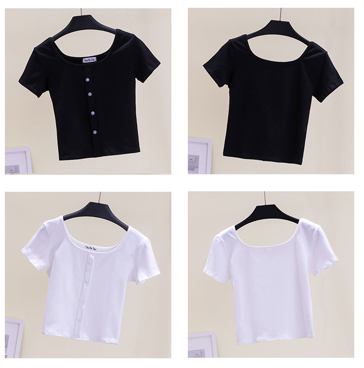 เสื้อยืดคอเหลี่ยมโชว์กระดูกไหปลาร้าเอวสูงโชว์สะดือ