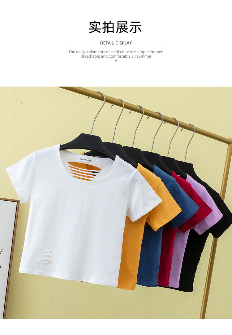 เสื้อยืดเอวสูงแขนสั้นขาดดีไซน์โชว์หลังเข้ารูปสำหรับฤดูร้อน