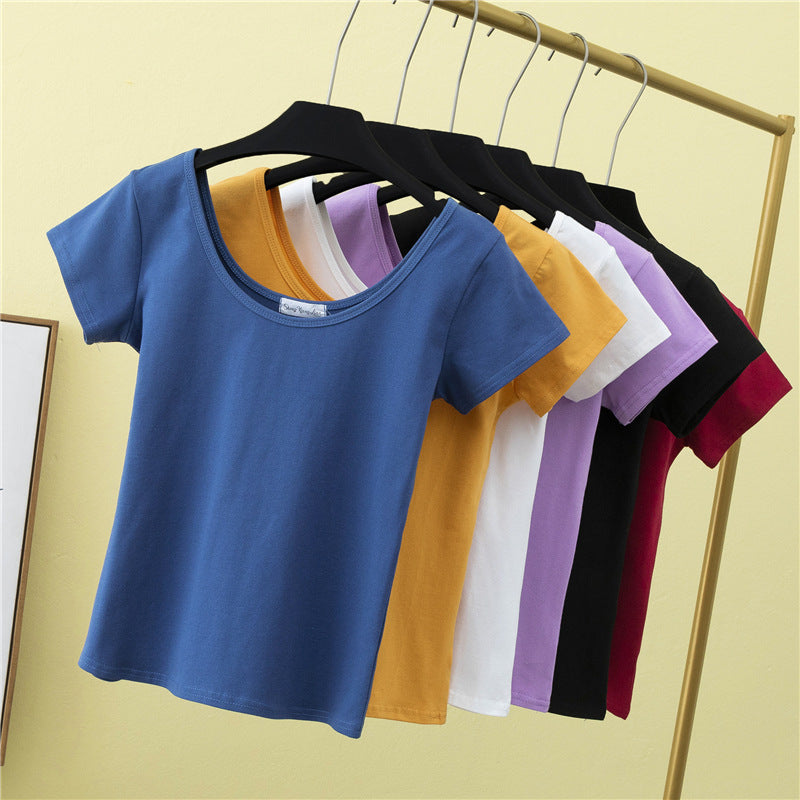 เสื้อยืดคอกว้างแขนสั้นทรงสลิมฟิตสำหรับฤดูร้อน ไซส์ใหญ่