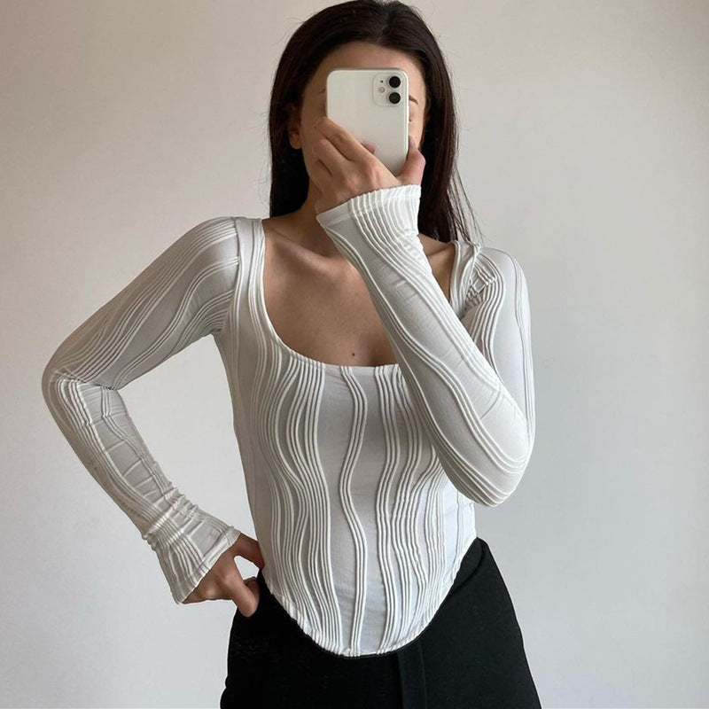 เสื้อยืดคอกลมแขนยาวเข้ารูปลายคลื่นน้ำสำหรับฤดูใบไม้ร่วงและฤดูหนาว