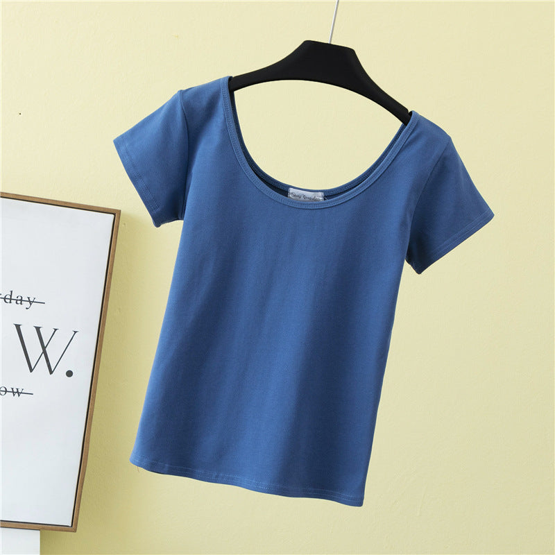 เสื้อยืดคอกว้างแขนสั้นทรงสลิมฟิตสำหรับฤดูร้อน ไซส์ใหญ่
