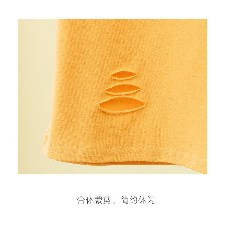 เสื้อยืดเอวสูงแขนสั้นขาดดีไซน์โชว์หลังเข้ารูปสำหรับฤดูร้อน