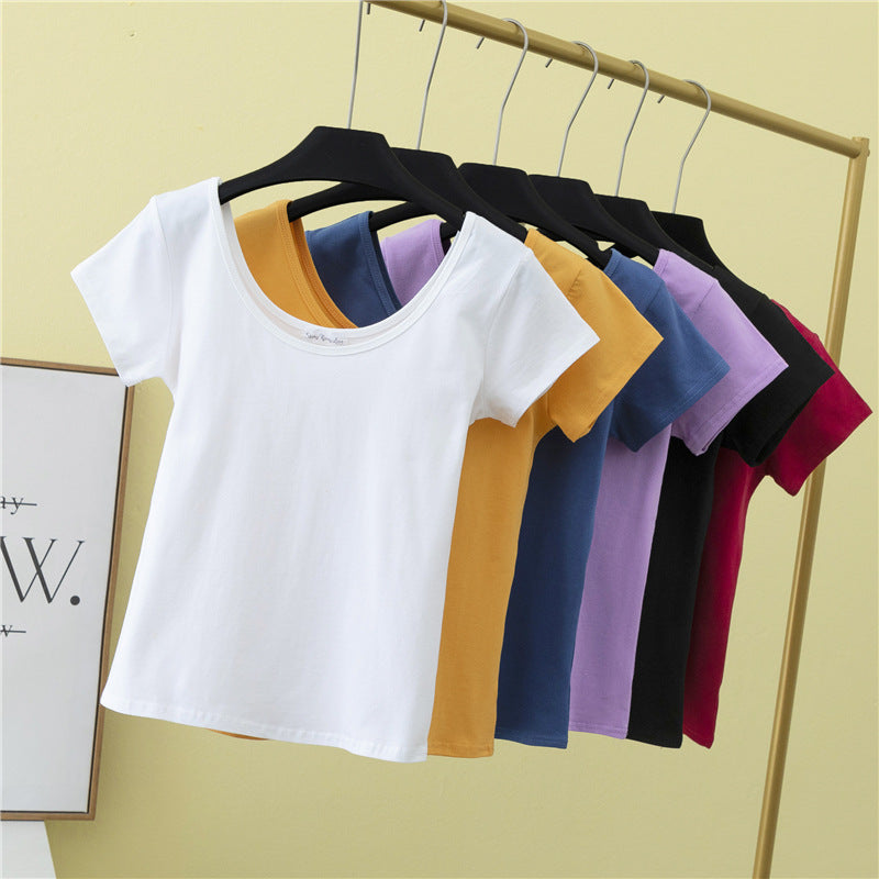 เสื้อยืดคอกว้างแขนสั้นทรงสลิมฟิตสำหรับฤดูร้อน ไซส์ใหญ่