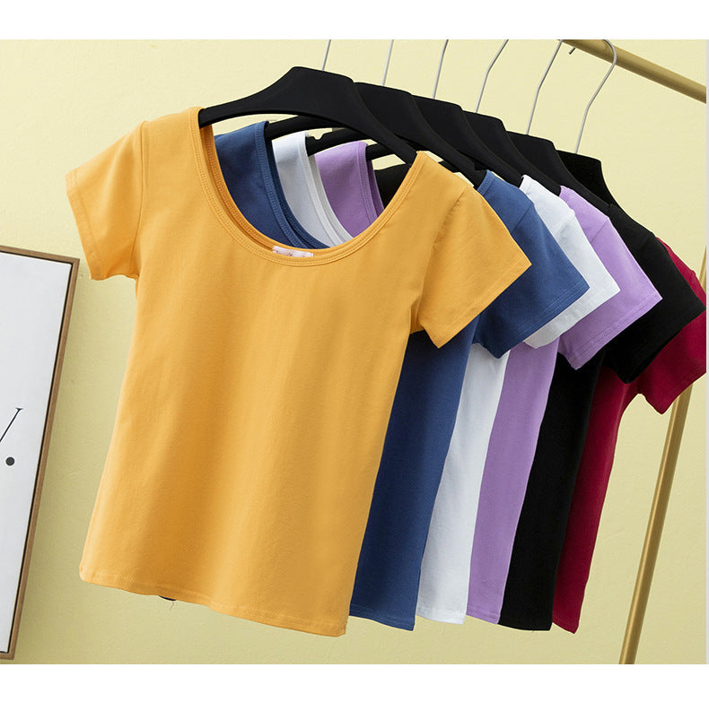 เสื้อยืดคอกว้างแขนสั้นทรงสลิมฟิตสำหรับฤดูร้อน ไซส์ใหญ่
