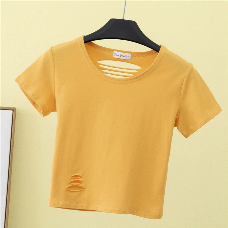 เสื้อยืดเอวสูงแขนสั้นขาดดีไซน์โชว์หลังเข้ารูปสำหรับฤดูร้อน