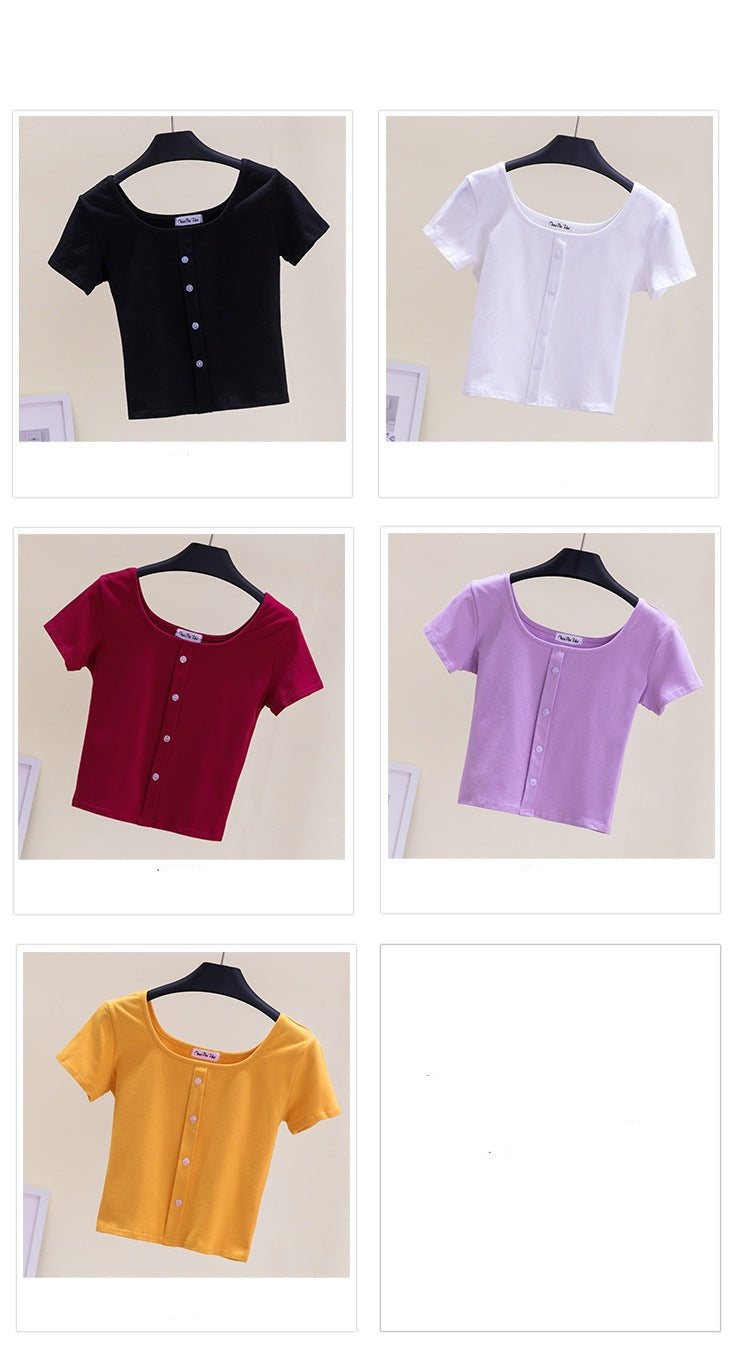 เสื้อยืดคอเหลี่ยมโชว์กระดูกไหปลาร้าเอวสูงโชว์สะดือ
