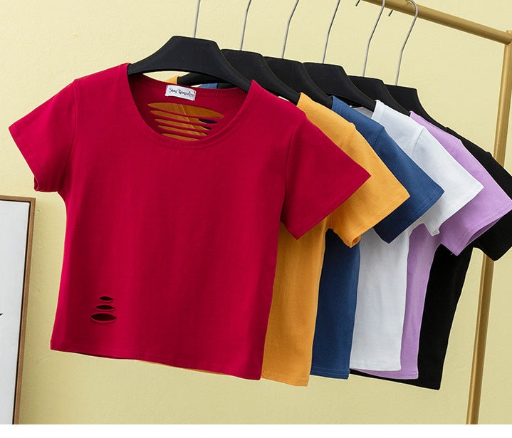 เสื้อยืดเอวสูงแขนสั้นขาดดีไซน์โชว์หลังเข้ารูปสำหรับฤดูร้อน