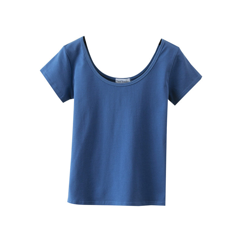เสื้อยืดคอกว้างแขนสั้นทรงสลิมฟิตสำหรับฤดูร้อน ไซส์ใหญ่
