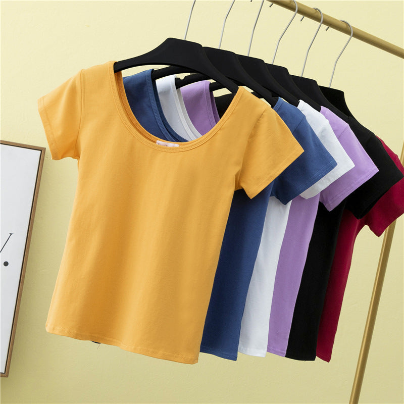 เสื้อยืดคอกว้างแขนสั้นทรงสลิมฟิตสำหรับฤดูร้อน ไซส์ใหญ่