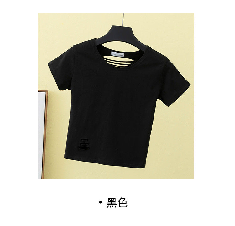 เสื้อยืดเอวสูงแขนสั้นขาดดีไซน์โชว์หลังเข้ารูปสำหรับฤดูร้อน