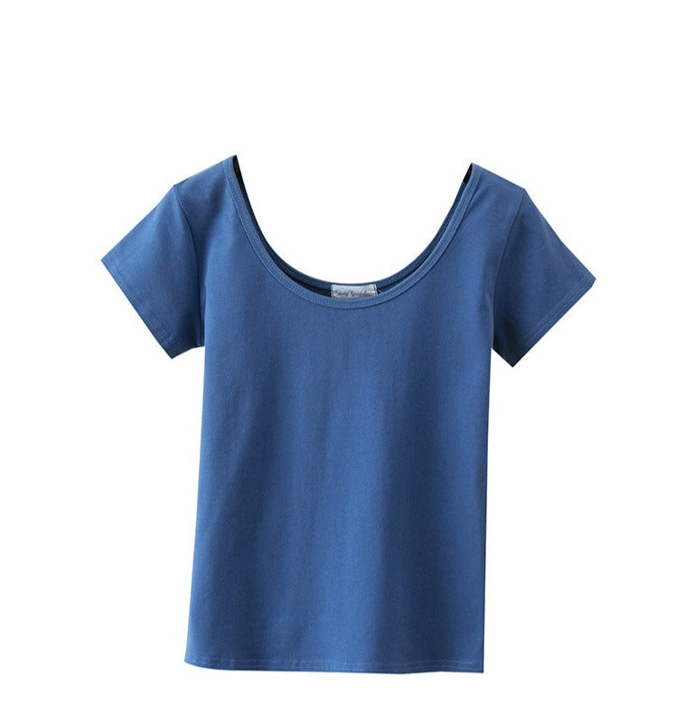 เสื้อยืดคอกว้างแขนสั้นทรงสลิมฟิตสำหรับฤดูร้อน ไซส์ใหญ่