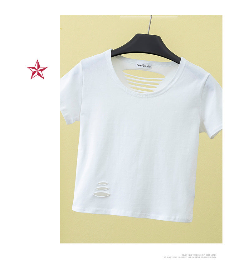 เสื้อยืดเอวสูงแขนสั้นขาดดีไซน์โชว์หลังเข้ารูปสำหรับฤดูร้อน