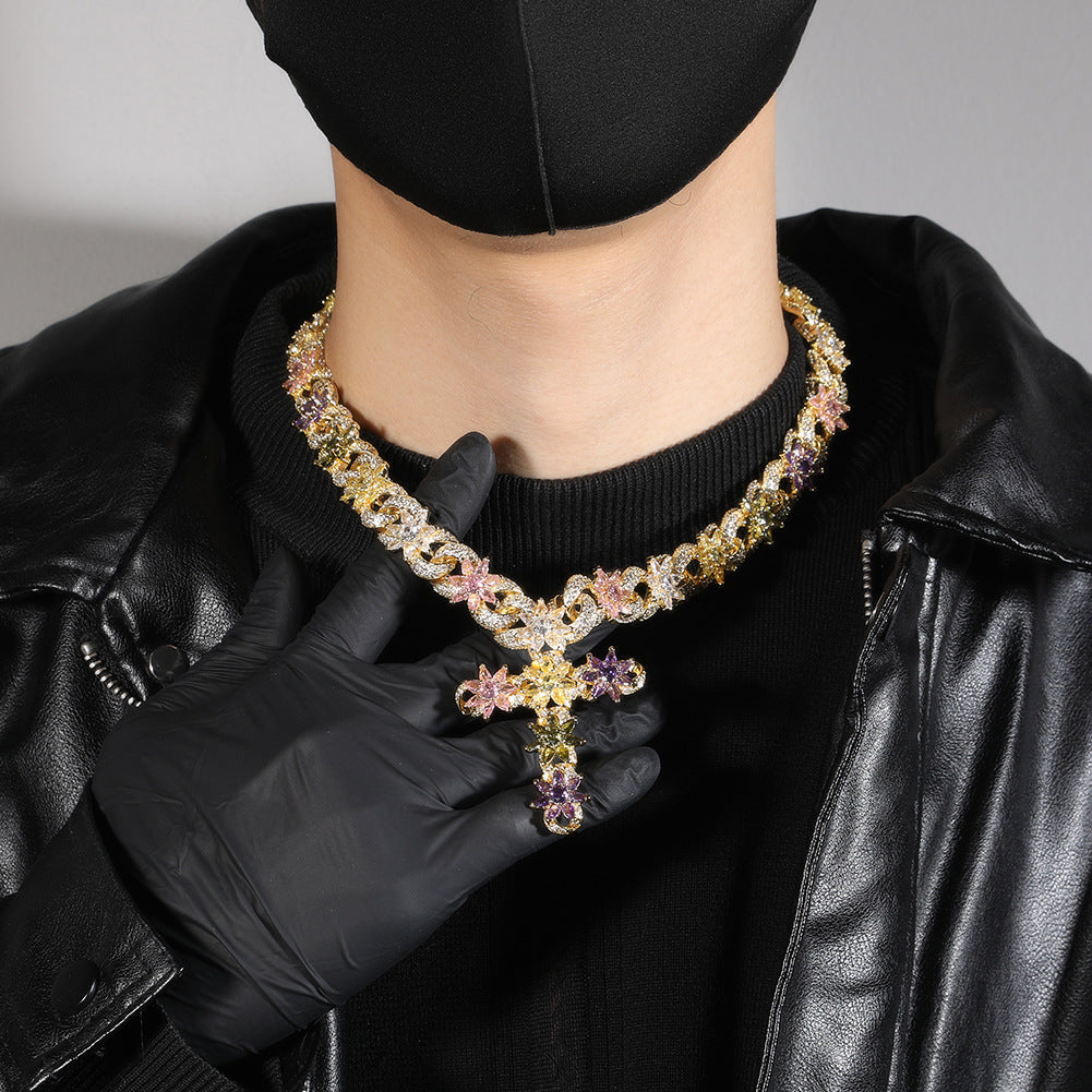 Colorful zircon ice flower cross necklace