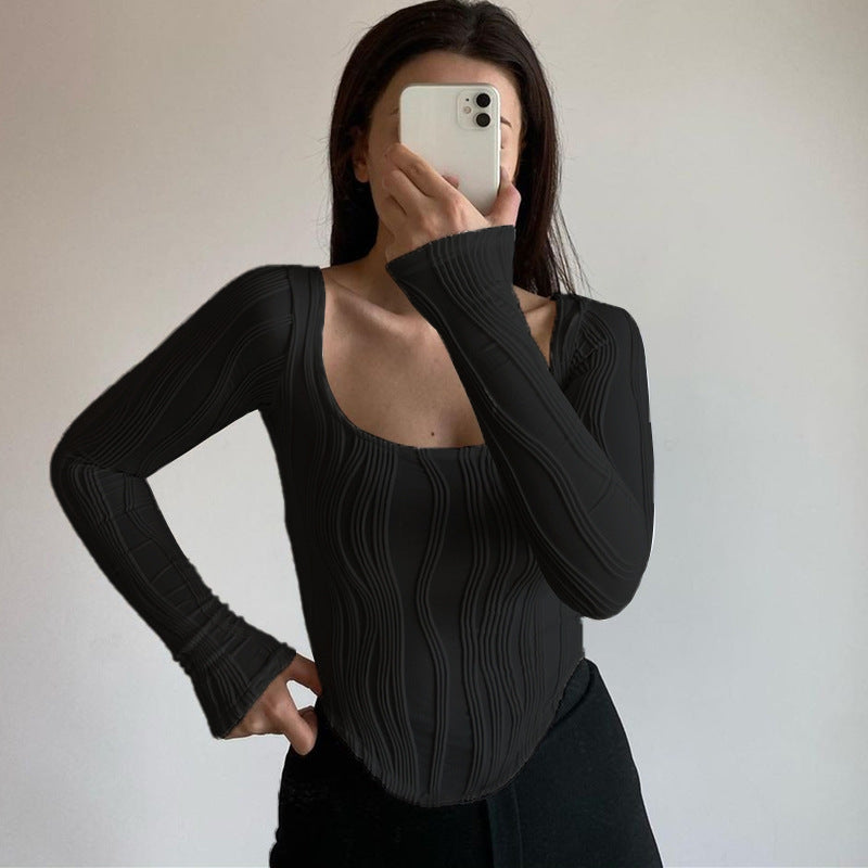 เสื้อยืดคอกลมแขนยาวเข้ารูปลายคลื่นน้ำสำหรับฤดูใบไม้ร่วงและฤดูหนาว