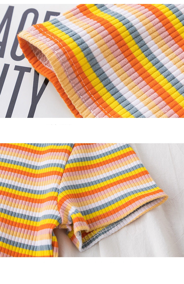 เสื้อยืดรัดรูปแขนสั้นลายทางสีรุ้งโชว์สะดือสำหรับผู้หญิง