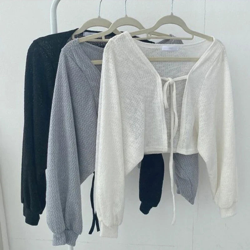 เสื้อคลุมสั้นไหมพรมสไตล์เรโทรแบบผูกแขนทรงโคมไฟ