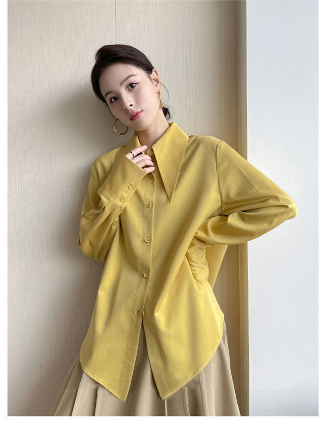 เสื้อเชิ้ตสีขาวคอปกแหลมขนาดใหญ่สำหรับผู้หญิง สไตล์วินเทจ ทรงหลวม แขนยาว