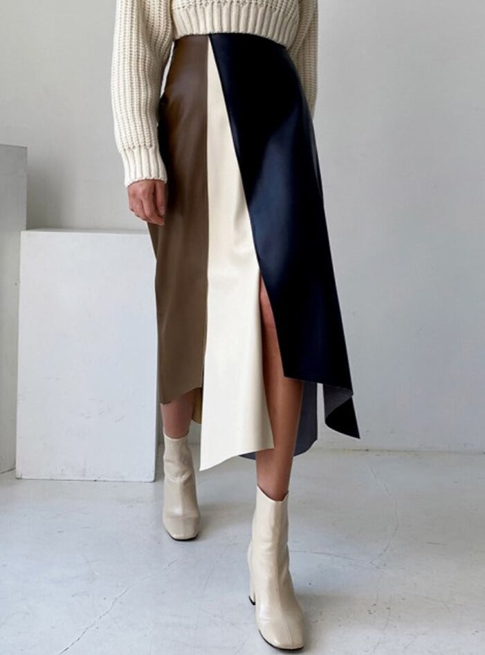 Patchwork Irregular PU Leather Skirts Women Elastic High Waist Female A-line Skirts