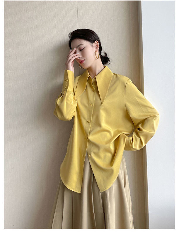 เสื้อเชิ้ตสีขาวคอปกแหลมขนาดใหญ่สำหรับผู้หญิง สไตล์วินเทจ ทรงหลวม แขนยาว