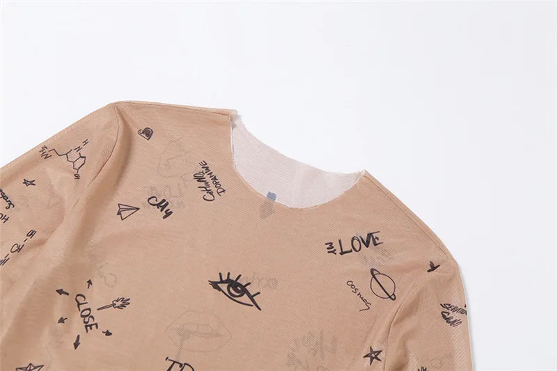 เสื้อบอดี้สูทผู้หญิงแขนยาวเข้ารูปคอกลมแบบชิ้นเดียวพิมพ์ลาย
