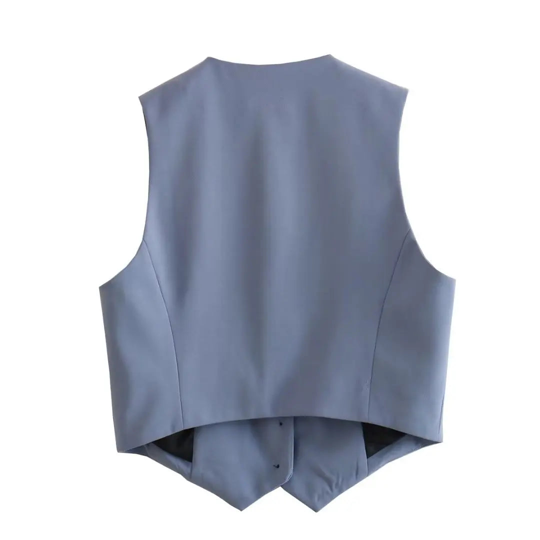 เสื้อกั๊กคลุมสตรีคอวีแขนกุดสไตล์วินเทจสีขาวสุดเก๋