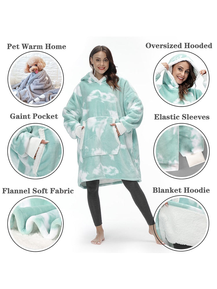 เสื้อฮู้ดสเวตเตอร์ทรงโอเวอร์ไซส์สำหรับผู้หญิง ลายมัดย้อม ผ้าฟลีซ ห่มได้เหมือนผ้าห่มผืนใหญ่
